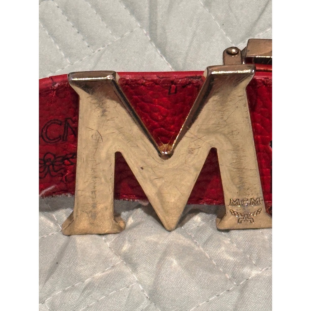 MCM Claus Reversible Belt Red Black Visetos Monogram Gold M Buckle Mens